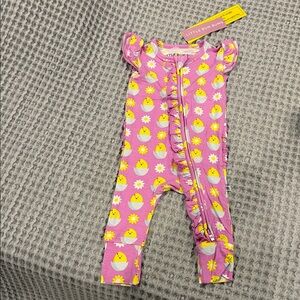 New with tags Pink Chick Flick Bamboo Ruffle One-Piece Romper with 2 way zipper